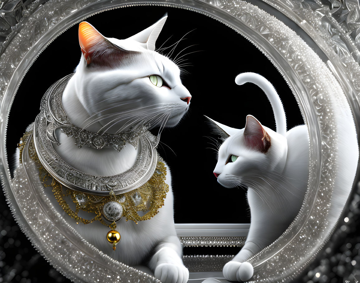 Elegant White Cats with Gold and Silver Jewelry in Baroque Mirror Frame