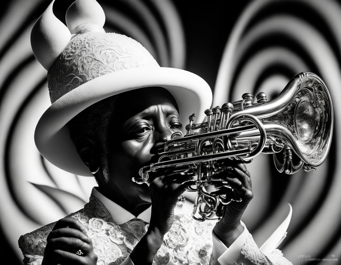 Monochrome image of person playing trumpet in ornate attire