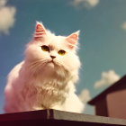 White fluffy cat with starry collar under magical night sky