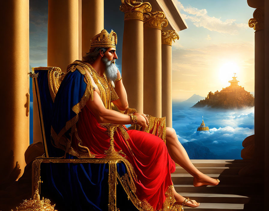 Regal figure in golden crown on throne gazes at mystical sunrise landscape