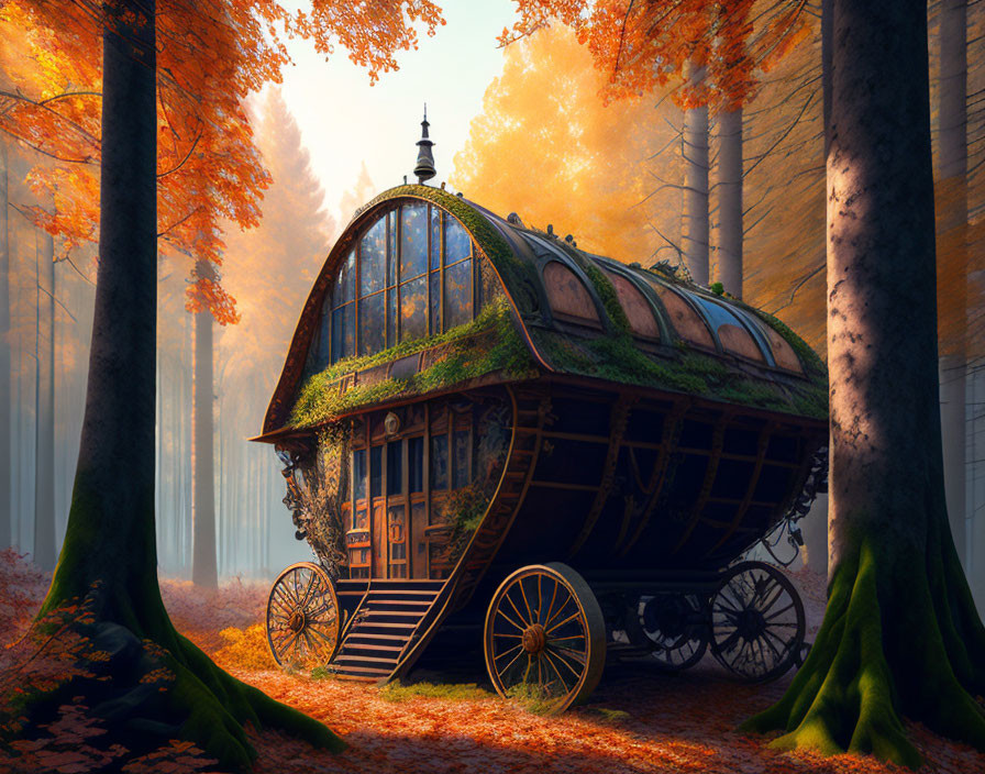 Vintage Wooden Caravan with Curved Glass Roof in Autumn Forest