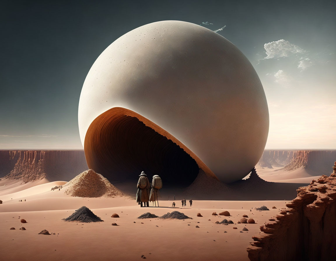 Mysterious egg-shaped structure in desert with onlookers