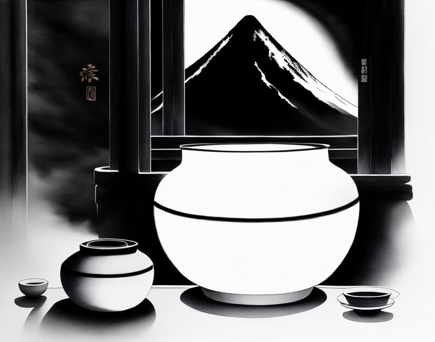 Ink wash painting of large jar, bowls, and mountain against window frame