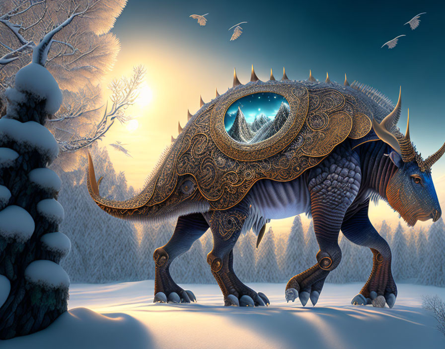 Decorated dinosaur-like creature in snowy twilight with flying birds