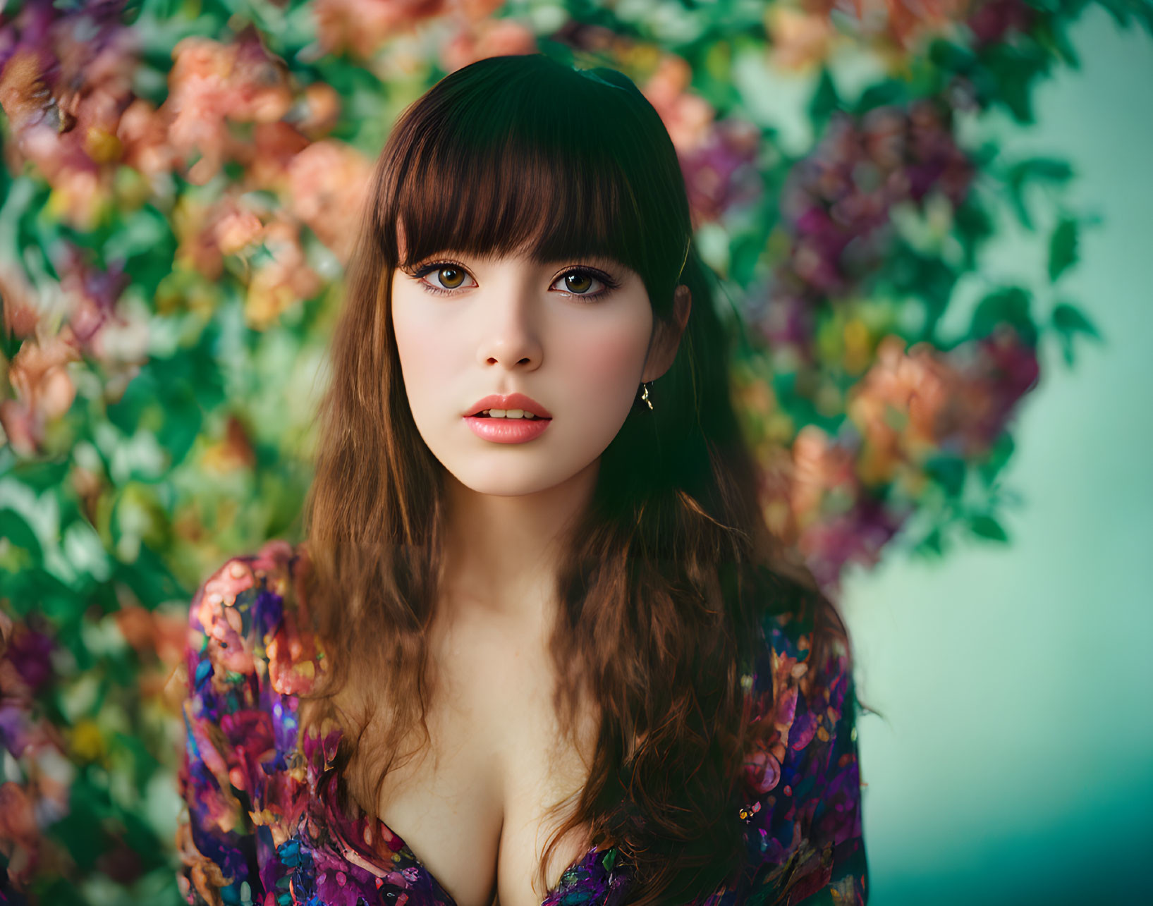 Brown-haired woman in floral dress against vibrant flower backdrop