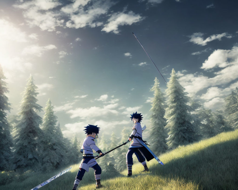 Animated characters with swords in grassy forest setting.