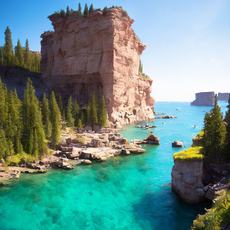 Majestic cliff overlooking turquoise bay with boats and lush greenery