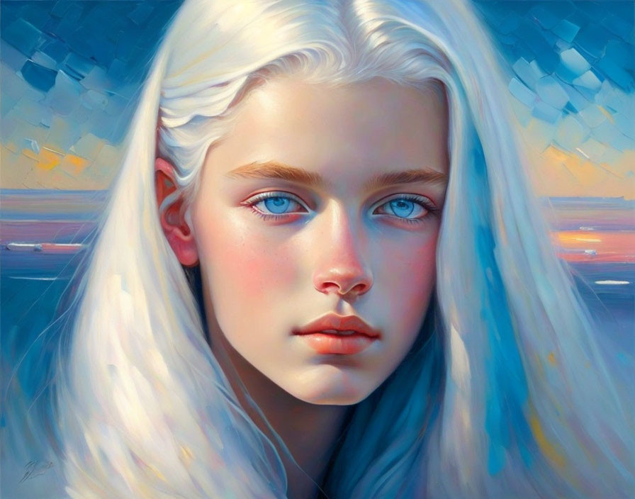 Digital painting of a young girl with blue eyes, pale skin, and white hair against a sky backdrop