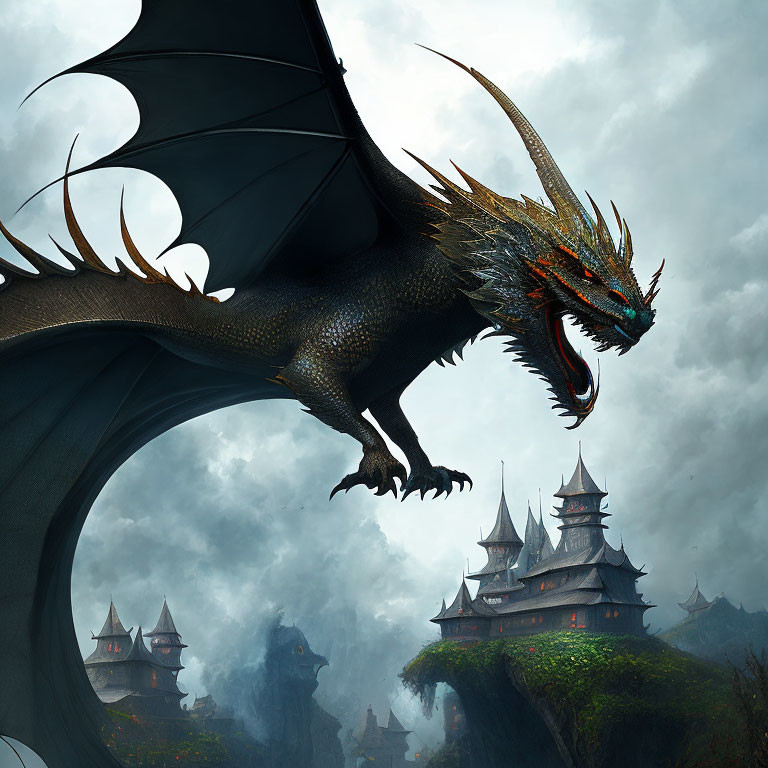 Majestic dragon flying over misty pagoda-style buildings