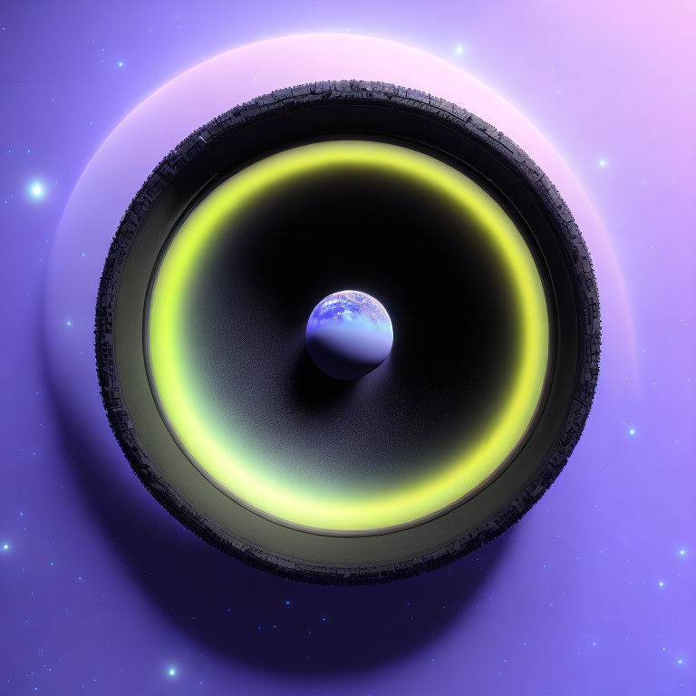 Surreal orb with ring on starry purple backdrop