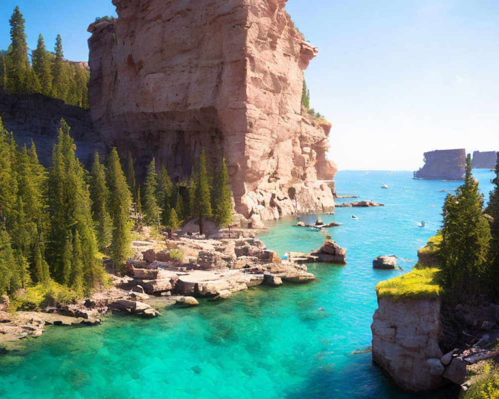 Majestic cliff overlooking turquoise bay with boats and lush greenery