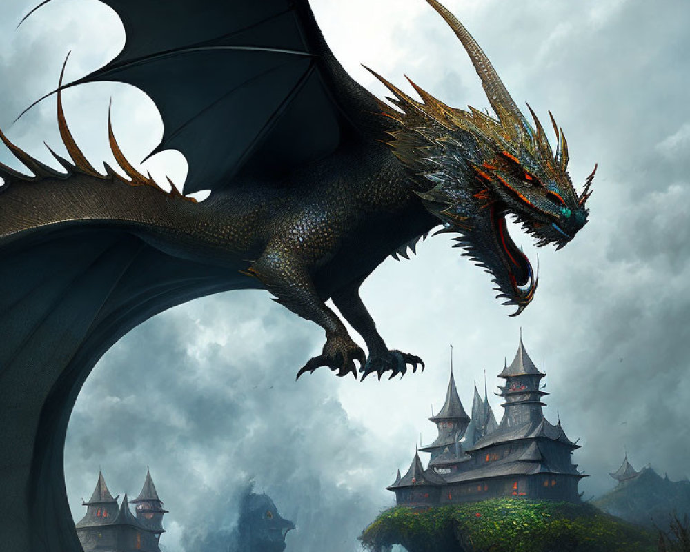 Majestic dragon flying over misty pagoda-style buildings