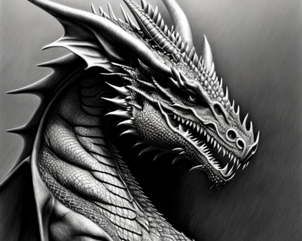 Detailed monochrome dragon head with horns and scales.