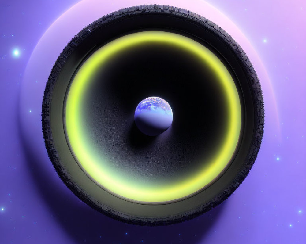 Surreal orb with ring on starry purple backdrop