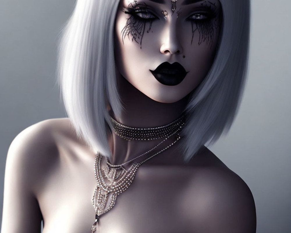 Portrait of a person with white hair, black lipstick, elaborate eye makeup, and sophisticated jewelry.