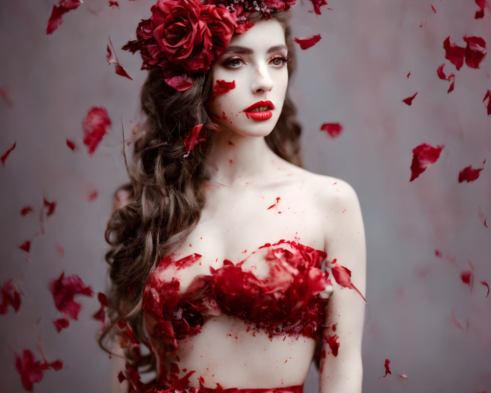 Woman in Floral Headpiece and Red Dress Surrounded by Flying Rose Petals