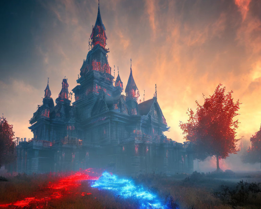 Ethereal fantasy castle glowing with red and blue energy at dusk