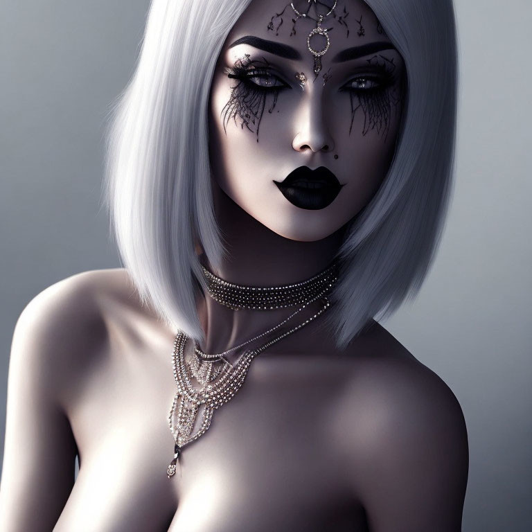 Portrait of a person with white hair, black lipstick, elaborate eye makeup, and sophisticated jewelry.