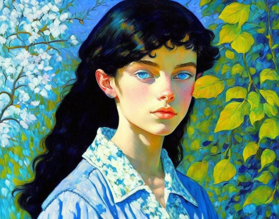 Portrait of young woman with pale skin, dark hair, blue eyes, in blue shirt against yellow-