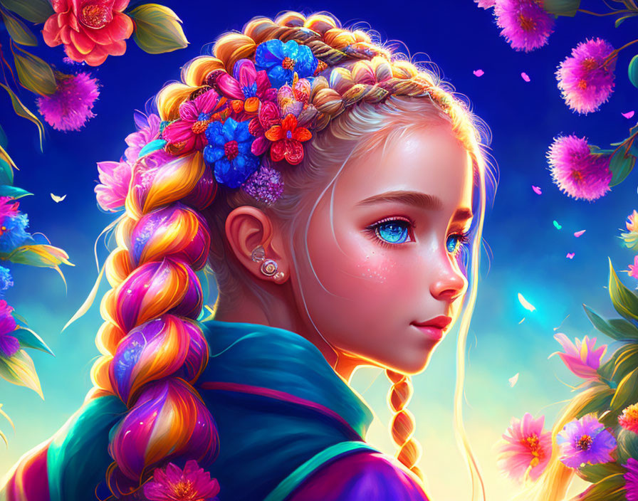 Vibrant digital artwork: young girl with flower-adorned braid in colorful setting