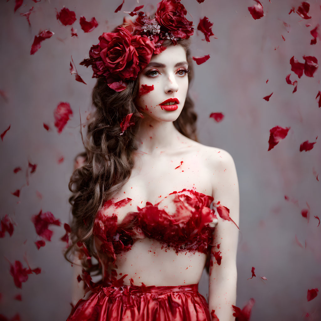 Woman in Floral Headpiece and Red Dress Surrounded by Flying Rose Petals