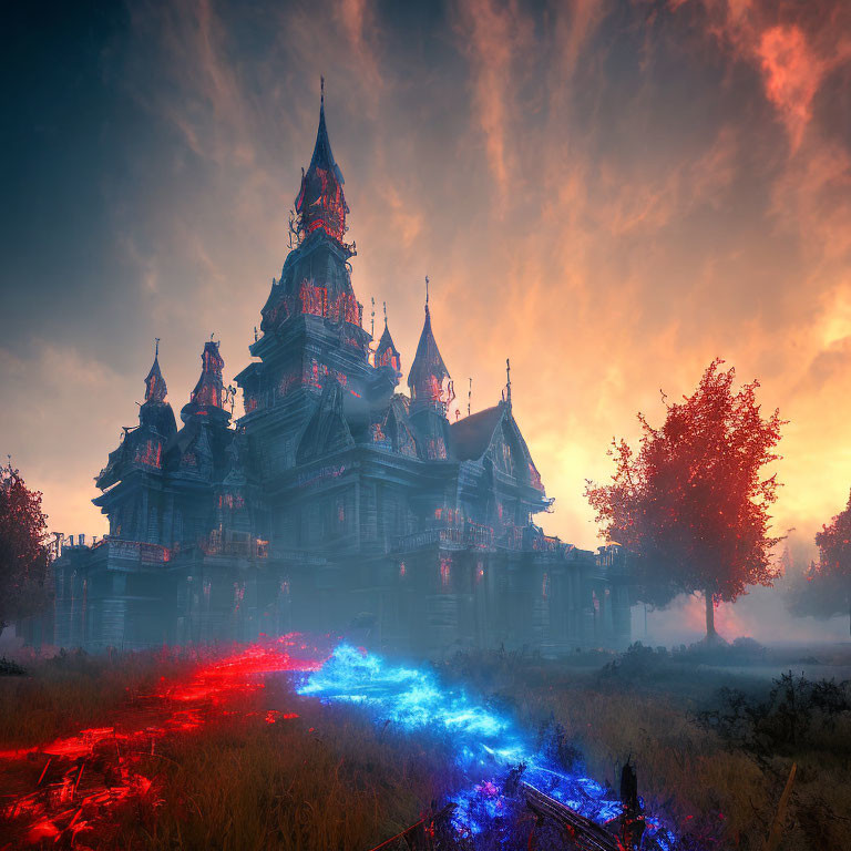 Ethereal fantasy castle glowing with red and blue energy at dusk