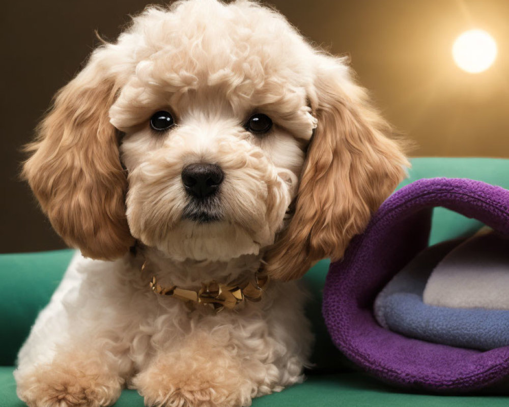 Cream-Colored Puppy with Gold Studded Collar Near Purple Bed