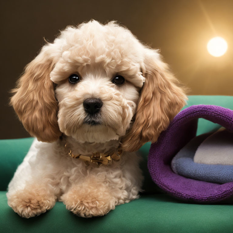 Cream-Colored Puppy with Gold Studded Collar Near Purple Bed