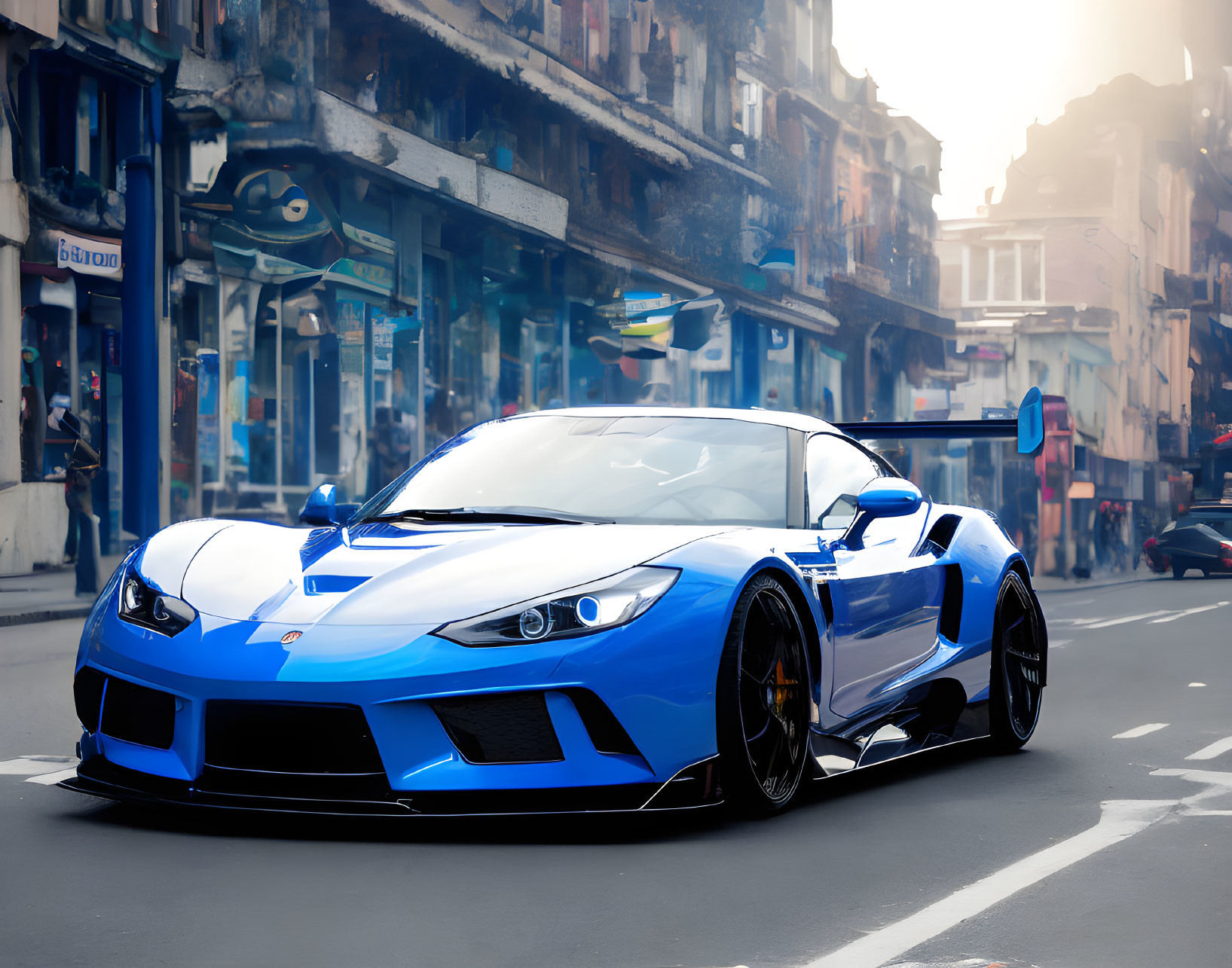 Blue sports car parked on urban street under sunlight glow