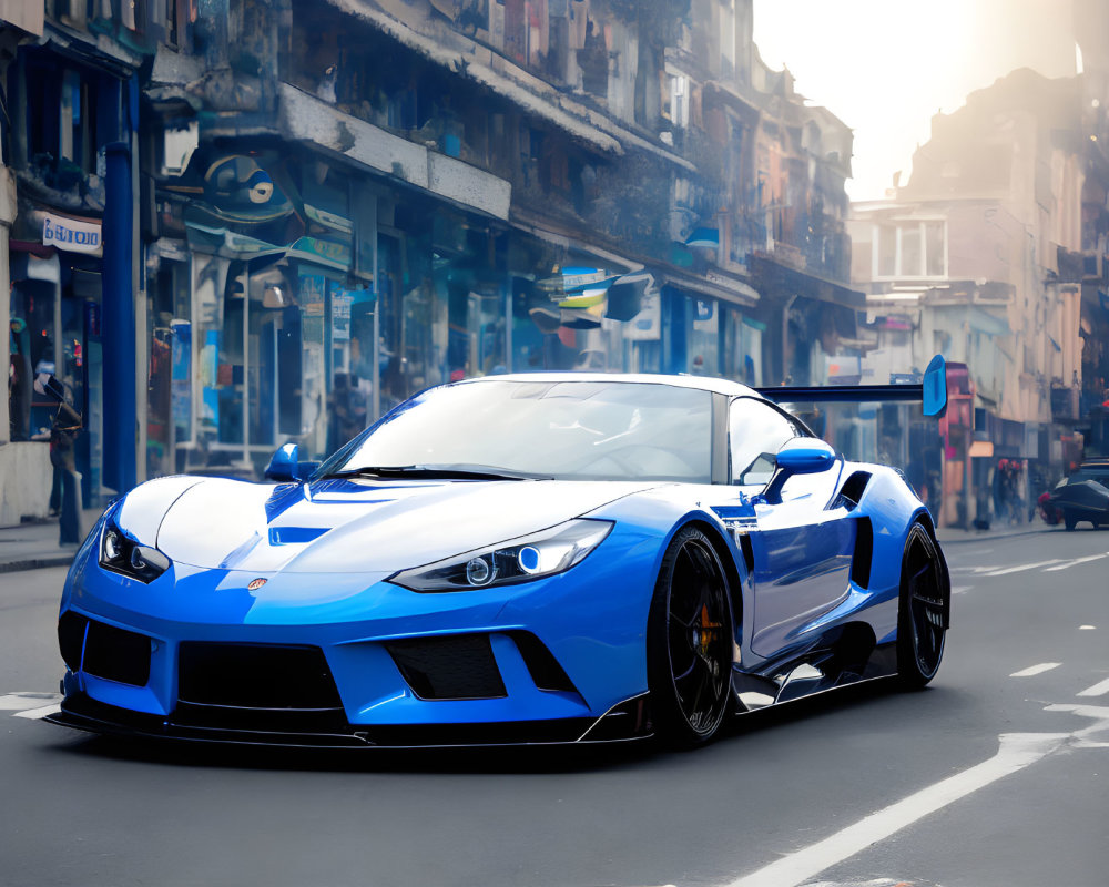 Blue sports car parked on urban street under sunlight glow