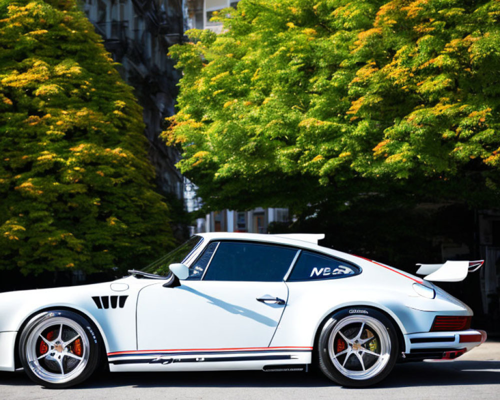 Classic White Porsche 911 with Black Trim Parked on Sunny Street