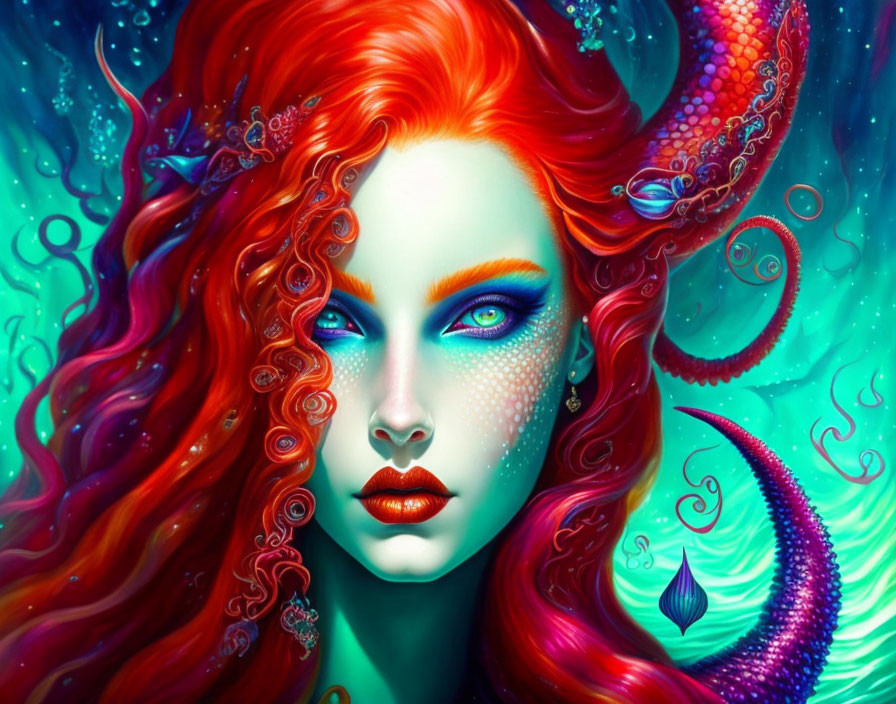 Fantasy mermaid digital artwork with red hair and tentacles