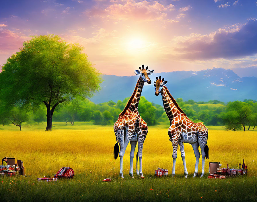 Giraffes with Intertwined Necks in Sunset Field Picnic