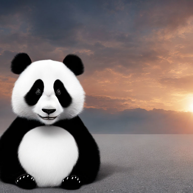 Adorable panda illustration against dramatic sunset backdrop