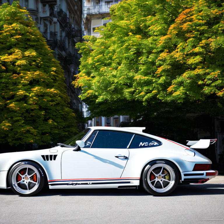 Classic White Porsche 911 with Black Trim Parked on Sunny Street