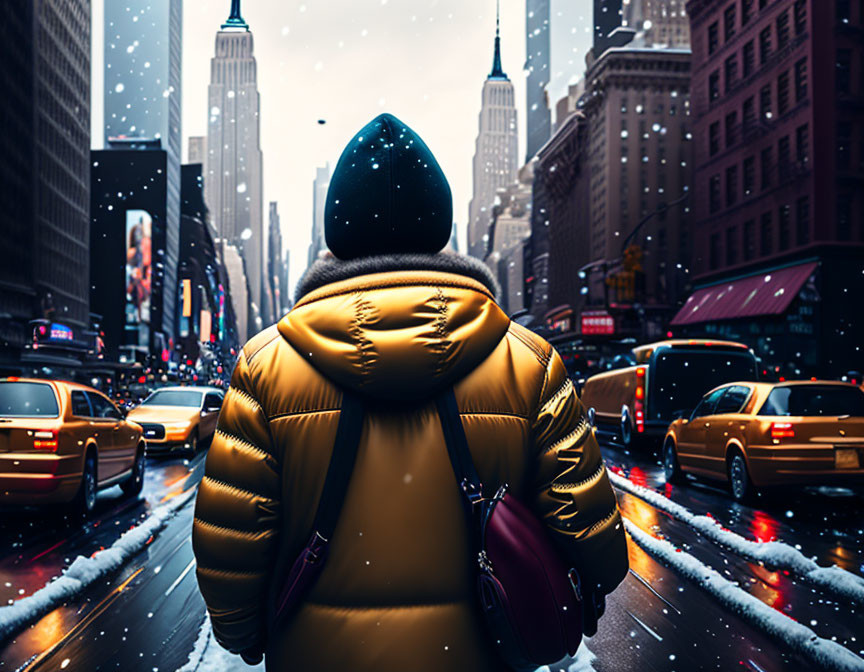 Person in Yellow Jacket Stands on Snowy City Street