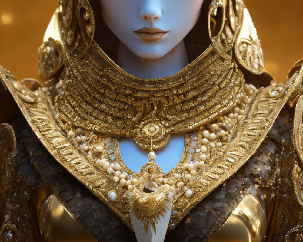 Detailed golden armor with pearl adornments and eagle emblem on poised figure