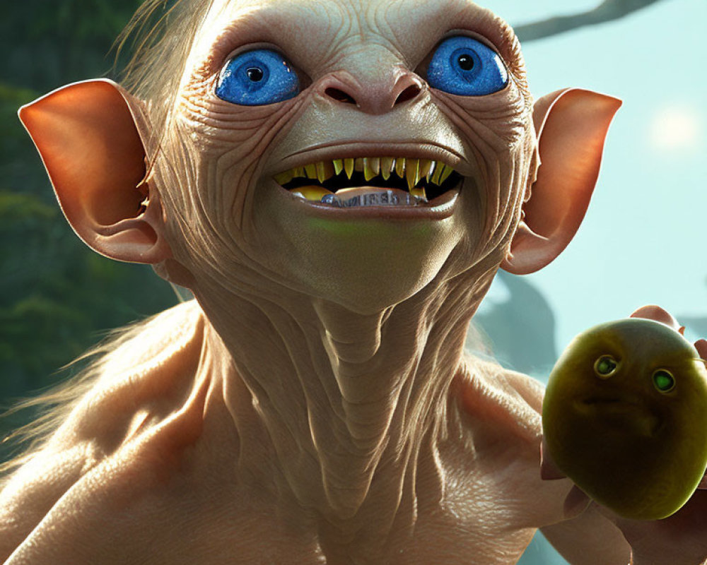 CG image of Gollum with large blue eyes and pointed ears holding a golden ring