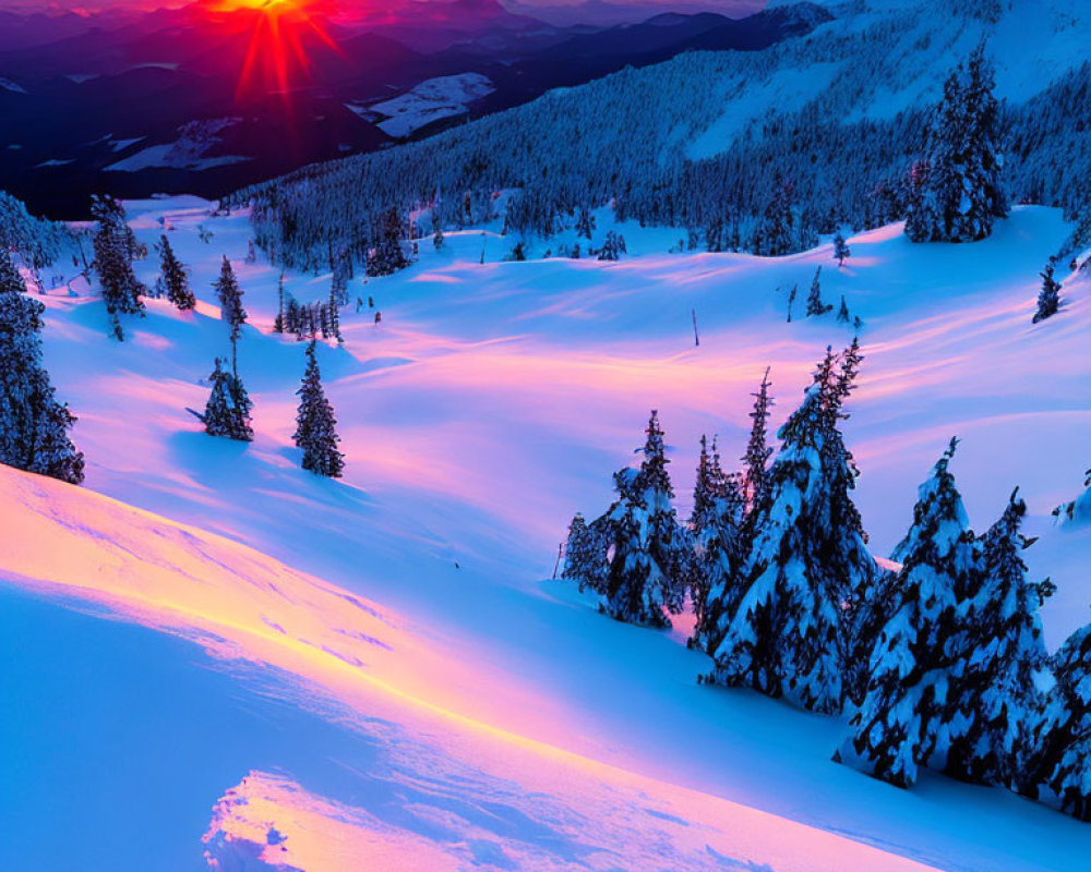 Snowy Landscape Sunset with Pink and Orange Hues