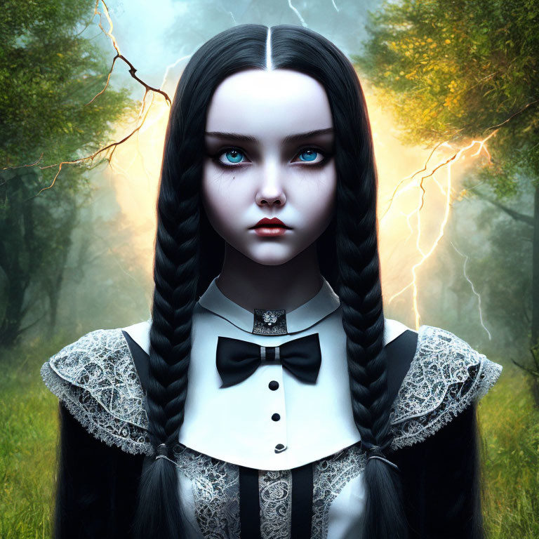 Gothic-style girl with braided black hair in black and white lace collar dress against mystical forest