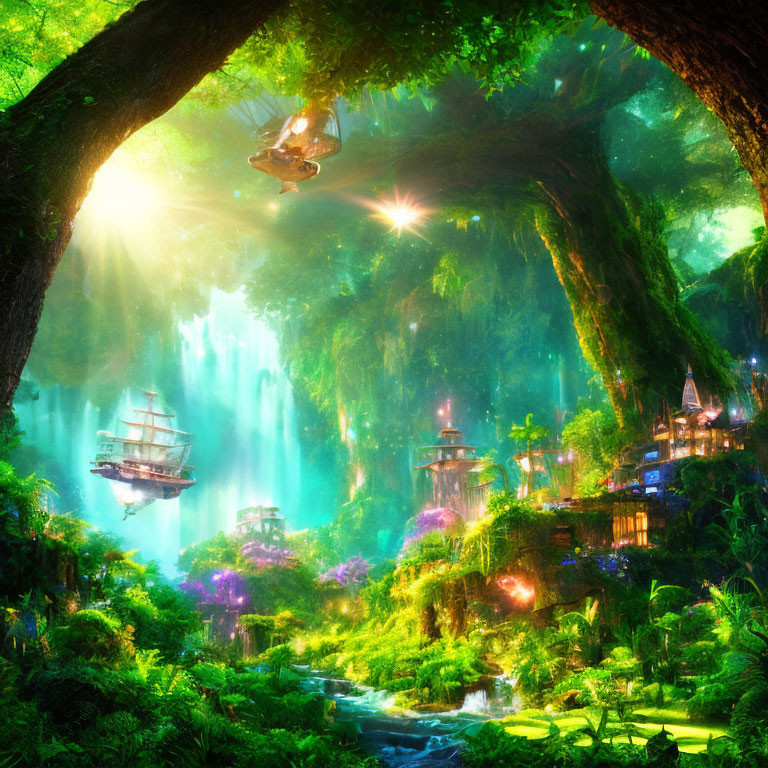 Enchanting fantasy forest with waterfalls, floating ship, and whimsical treehouses