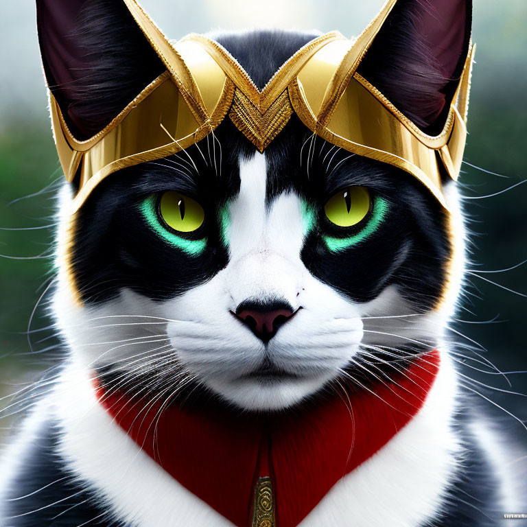 Black and White Cat with Green Eyes in Superhero Outfit on Green Background