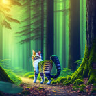 Blue-Striped Cat and Smaller Companion in Forest Scene