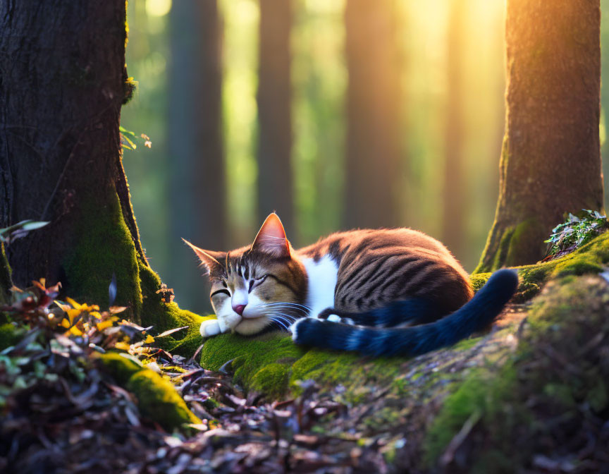 Peaceful Cat Resting on Mossy Forest Floor Under Sunlight