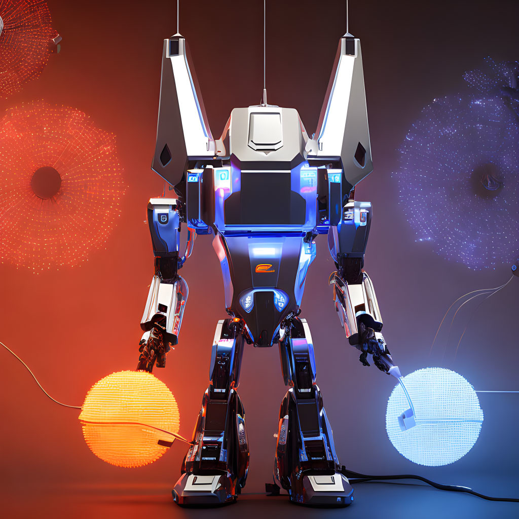 Futuristic white and blue robot on red background with abstract shapes