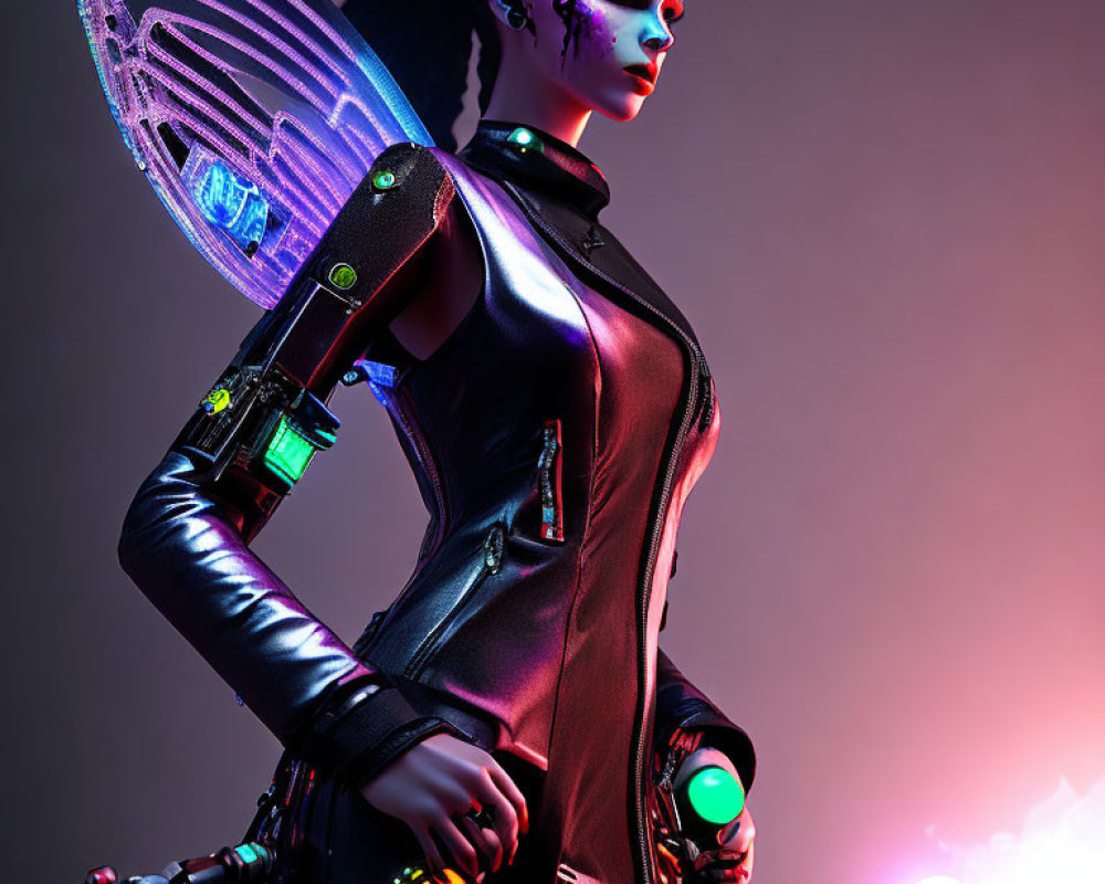 Cybernetic woman with glowing wing-like structure in futuristic setting