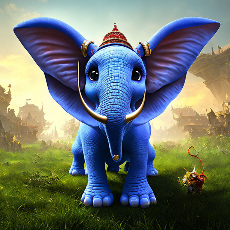 Whimsical blue elephant with crown and tiny warrior in image