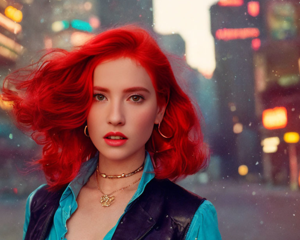 Vibrant red-haired woman with bold makeup against dusk cityscape.