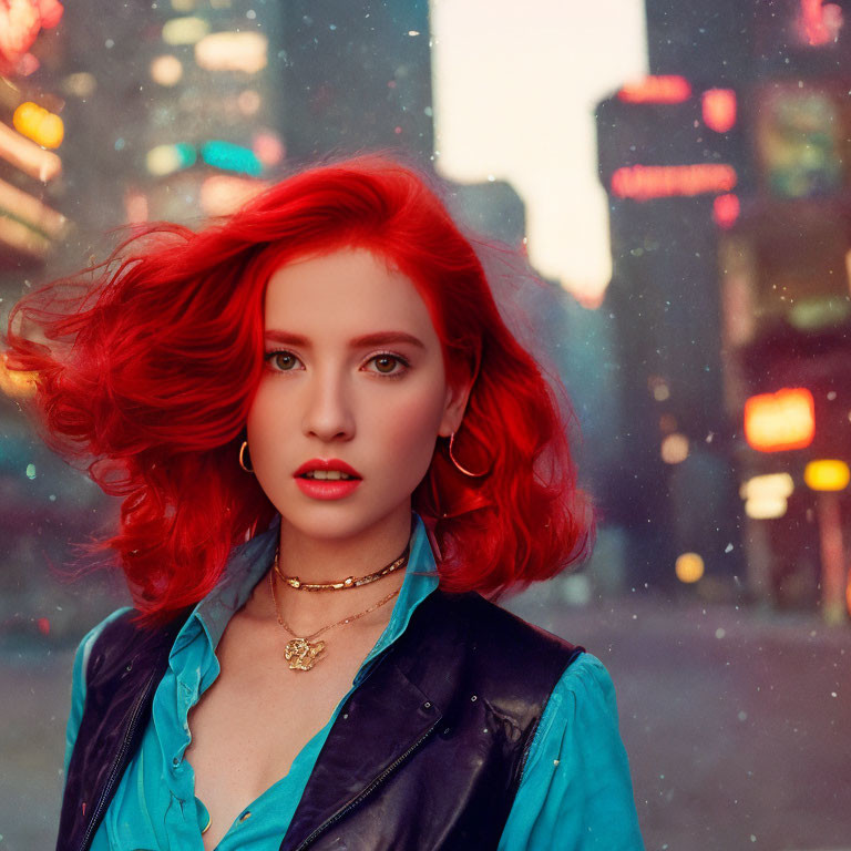 Vibrant red-haired woman with bold makeup against dusk cityscape.