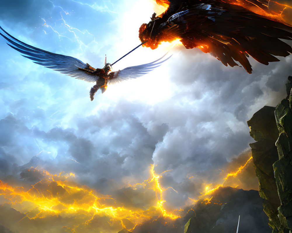 Warrior with sword on cliff watches fiery and ice-coated bird creatures clash in dramatic sky